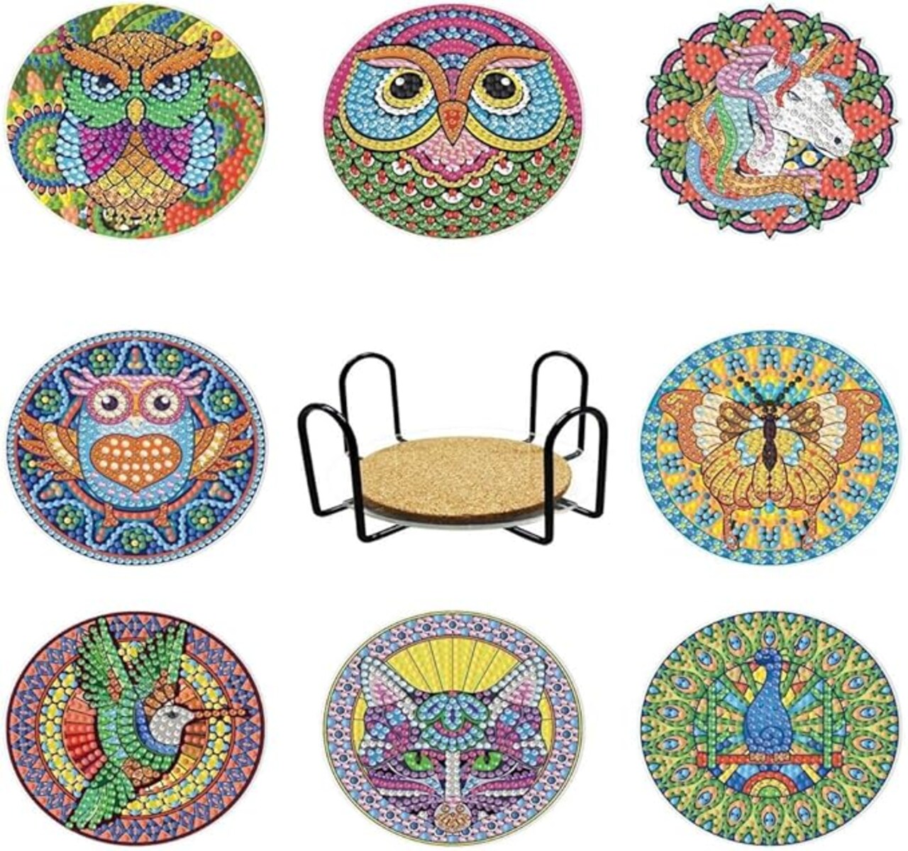 DIY Diamond Art Mandala Coaster Set, 8 Pack with Metal Holder, Cork Base Owl Butterfly Theme, Mosaic Painting Kit for Adults Beginners, Double Layer Craft Supplies
